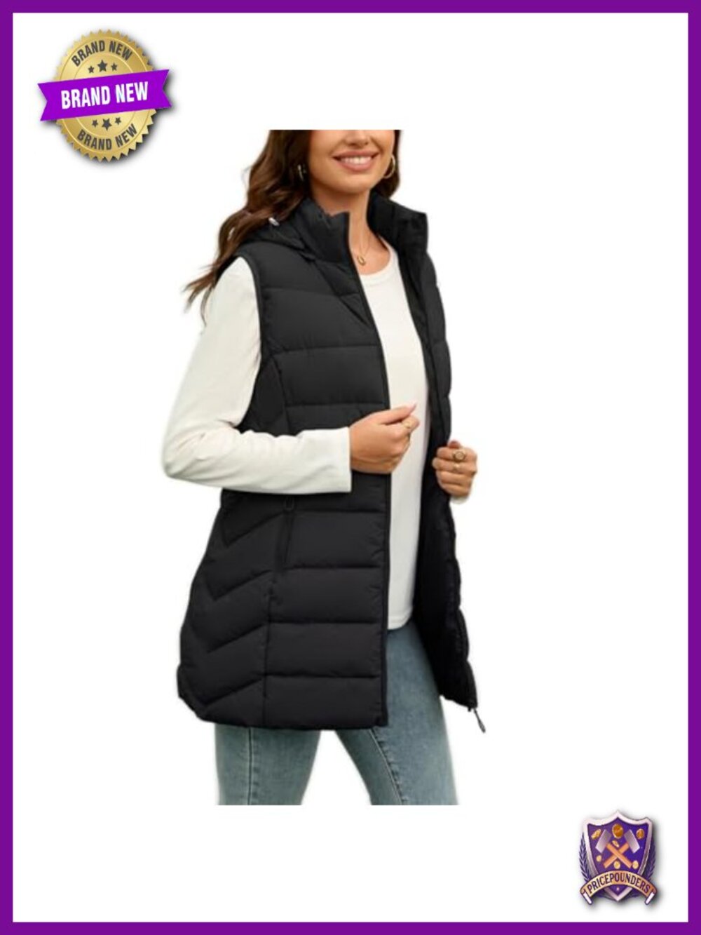 Fleece-Lined Long Puffer Vest Sleeveless Hooded Winter Warm Pockets